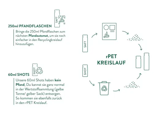 Das Bild erklärt das Pfandsystem in den Niederlanden für 250ml Flaschen, die zum Pfandautomaten gebracht werden, und den rPET-Kreislauf.