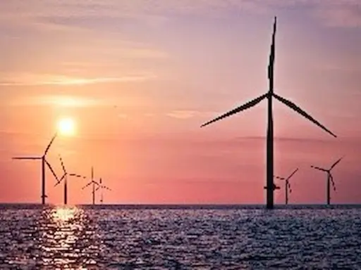 Windräder im Meer bei Sonnenuntergang. Ein Symbol für die EEG Umlage Befreiung und eine saubere Zukunft.