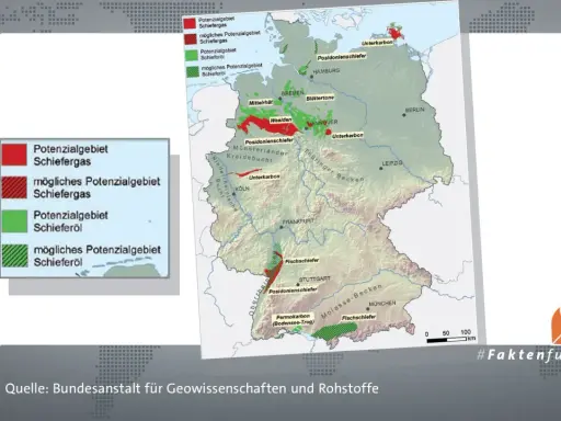 Karte zeigt potenzielle Gebiete für den Abbau von Erdgas (Schiefergas) und Schieferöl in Deutschland.