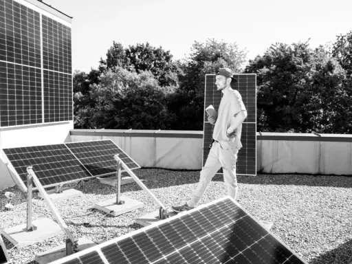 Mann mit Tablet inspiziert Solarmodule auf einem Dach. Der PV-Zubau in Deutschland schreitet voran.