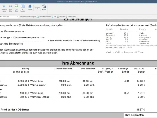 Abrechnung für Heizkosten und Warmwasser, inklusive CO2-Umlage. Zeigt Kostenaufteilung und Ihren Anteil an der CO2-Steuer.