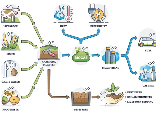 Schema zeigt, wie wird aus biomasse energie gewonnen: Gülle, Pflanzen, Abwasser und Lebensmittelabfälle werden in einem Biogasfermenter zu Biogas verarbeitet, das zu Wärme, Strom, Biokraftstoff und Gasnetz wird.