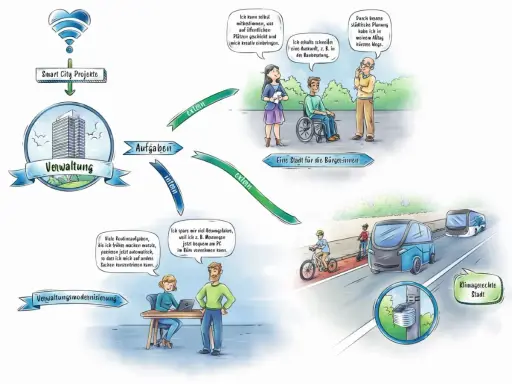 Die Abbildung zeigt **Leitbilder der Stadtentwicklung** im Kontext von Smart City Projekten, die Verwaltung, Bürger:innen und klimagerechte Mobilität verbinden.