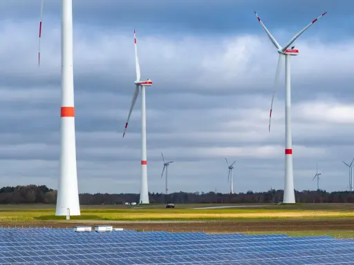 Windräder und Solarpaneele im Feld, ein Zeichen für Klimaschutz in Niedersachsen.