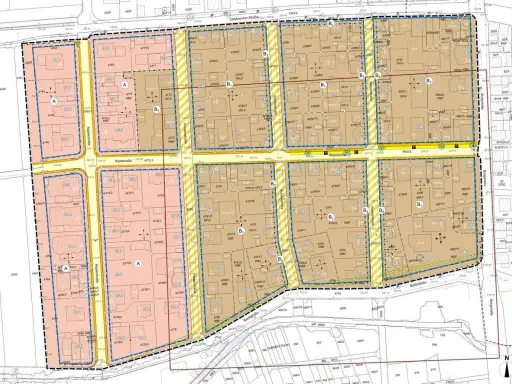 Grundstücksplan mit Parzellennummern, Straßen und Gebäuden. BauGB §9 ist hier als Teil der Bebauungsplanung ersichtlich.