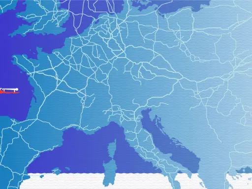 Karte Europas mit einem roten Schiff vor der Küste und einem weißen Netz, das den Gasnetz Europa darstellt.