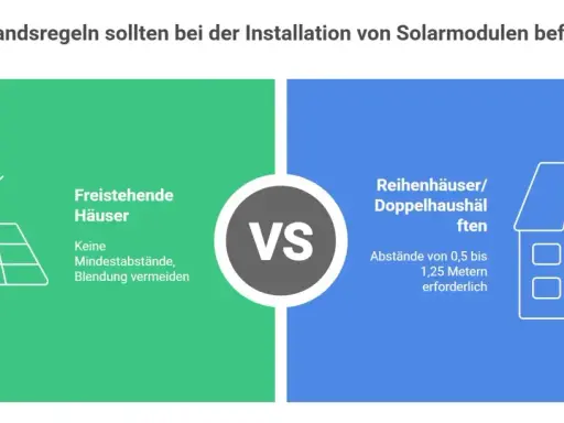 Photovoltaik-Nachbarrecht: Freistehende Häuser brauchen keine Mindestabstände, aber Blendung vermeiden. Reihenhäuser benötigen 0,5-1,25m Abstand.