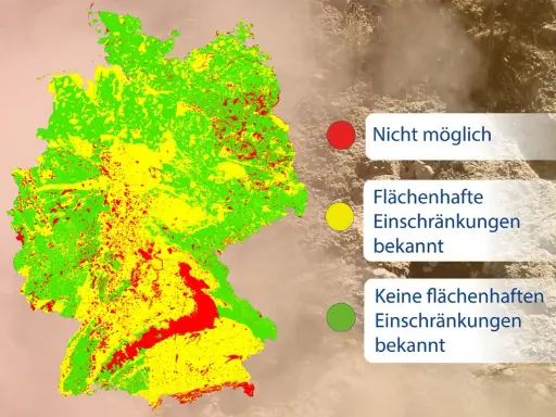 Karte von Deutschland zeigt Potenzial für Geothermie: Rot (nicht möglich), Gelb (Einschränkungen), Grün (keine Einschränkungen).