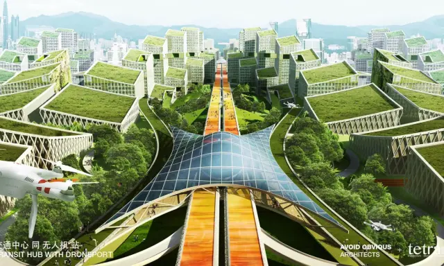 Grüne Dächer und futuristische Gebäude prägen diese Vision einer nachhaltigen Stadt. Drohnen landen auf einem Verkehrsknotenpunkt, der eine Brücke über eine bunte Fußgängerzone bildet.