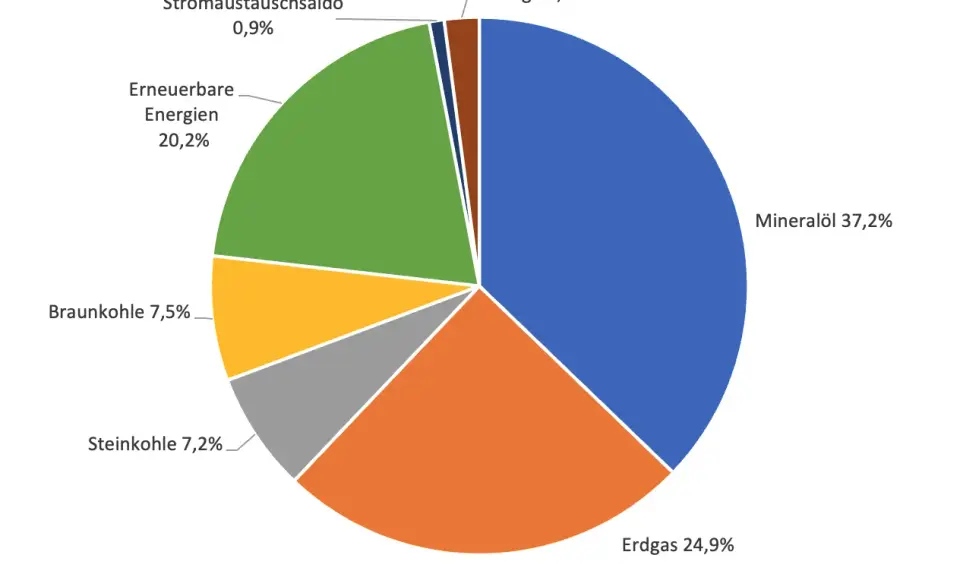 Kreisdiagramm zeigt den Energieverbrauch Deutschland nach Sektoren: Mineralöl (37,2%), Erdgas (24,9%), Erneuerbare Energien (20,2%), Braunkohle (7,5%), Steinkohle (7,2%), Sonstige (2,1%), Stromaustauschsaldo (0,9%).