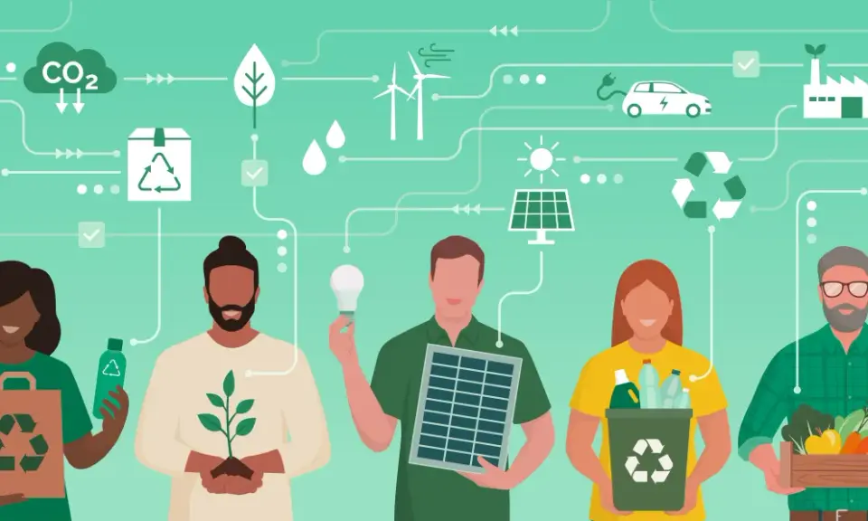 Menschen engagieren sich für grüne Jobs in Deutschland: Recycling, erneuerbare Energien, nachhaltige Landwirtschaft und Elektromobilität.