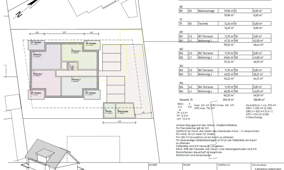 Grundriss des Erdgeschosses mit 11 Baunvo (Wohnungen und Terrassen), Technik und Nebenanlage.