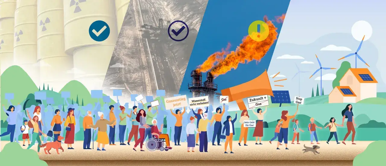 Menschen demonstrieren für den Gasausstieg Deutschland. Im Hintergrund sind Atomfässer, ein Tagebau und eine Gasflammensäule zu sehen, im Kontrast zu Windrädern und Solaranlagen.