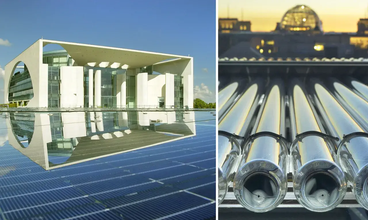 Moderne Architektur mit Solaranlagen und Solarthermie-Kollektoren, die die Arbeit des Bundesverband Solarwirtschaft symbolisieren.