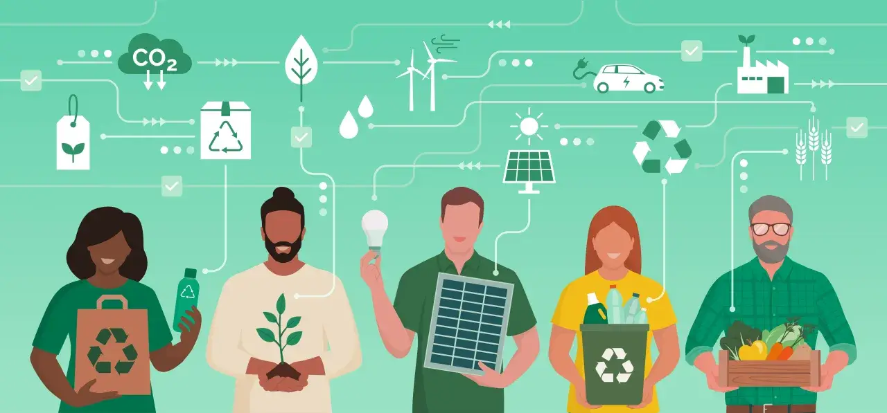 Menschen engagieren sich für grüne Jobs in Deutschland: Recycling, erneuerbare Energien, nachhaltige Landwirtschaft und Elektromobilität.