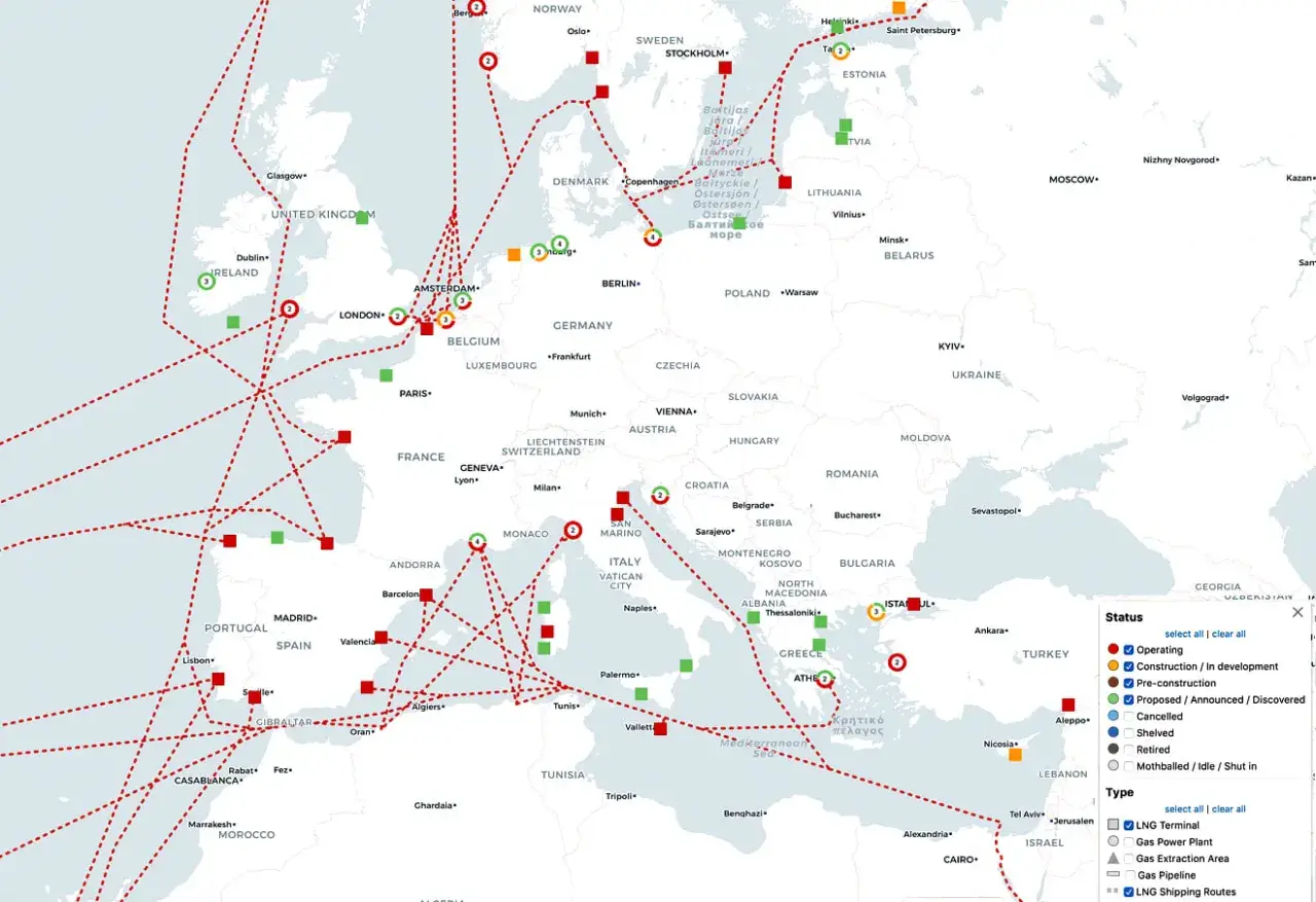 Europakarte zeigt LNG-Terminals und Pipelines, die die Versorgung mit Erdgas Deutschland und anderen Ländern sichern.