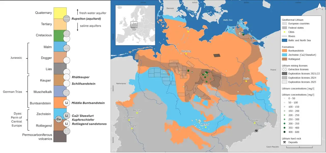 Karte zeigt Lithium-Vorkommen in Deutschland, mit Fokus auf Geothermie. Orange und blaue Flächen markieren Formationen, grüne Punkte zeigen hohe Lithiumkonzentrationen.