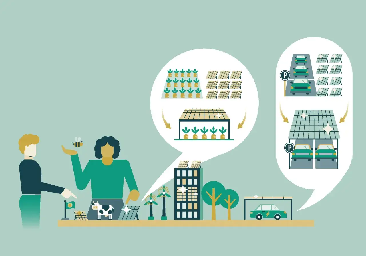 Menschen und Bienen arbeiten zusammen, um dem Klimawandel entgegenzuwirken. Solarenergie, Windkraft und Elektroautos sind Teil der L&ouml;sung.