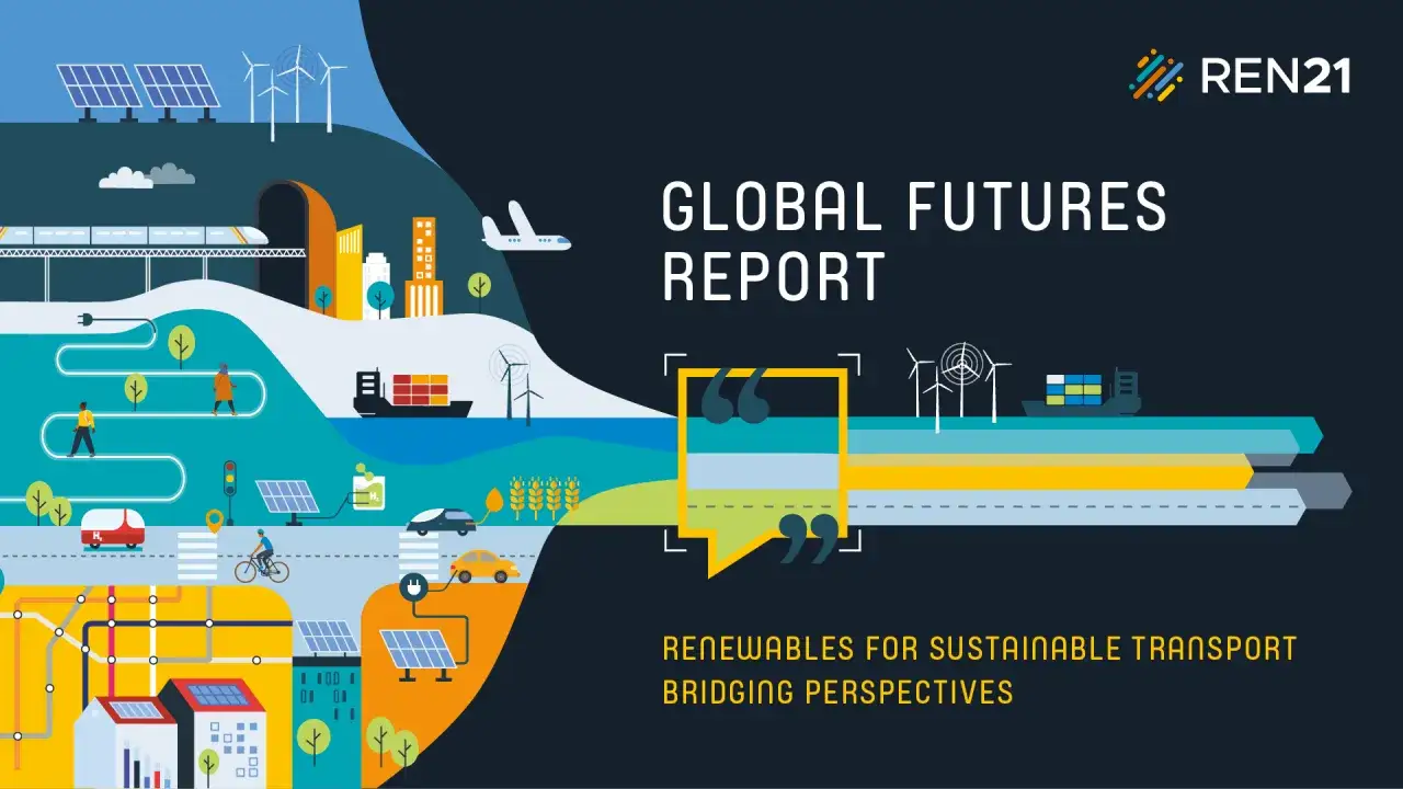Illustration zeigt erneuerbare Energien für klimaschutz weltweit: Solarpanels, Windräder, Elektroautos, Züge, Schiffe und Flugzeuge.