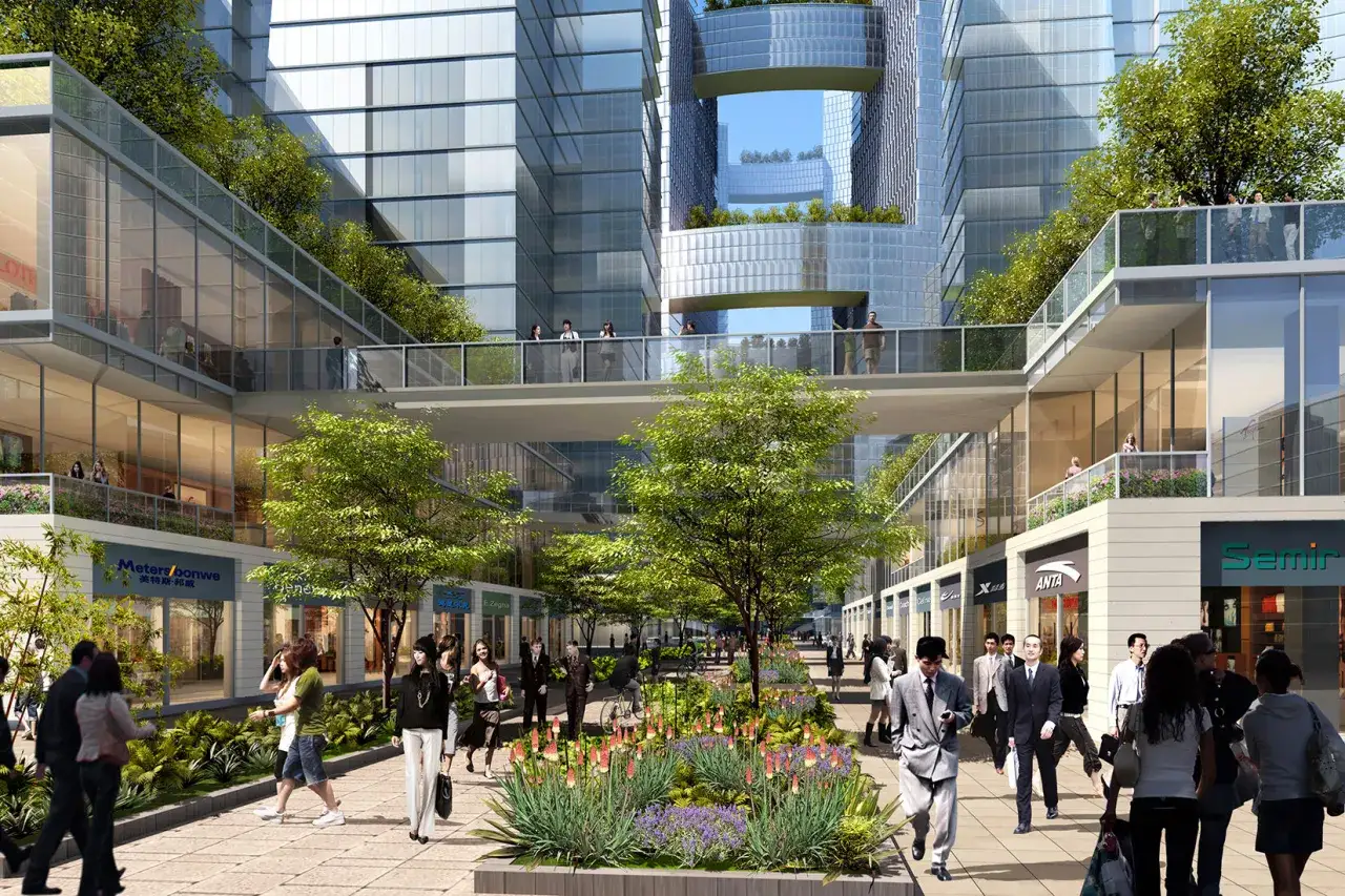 Menschen flanieren durch eine grüne, autofreie Stadt mit modernen Glasgebäuden und Fußgängerbrücken.