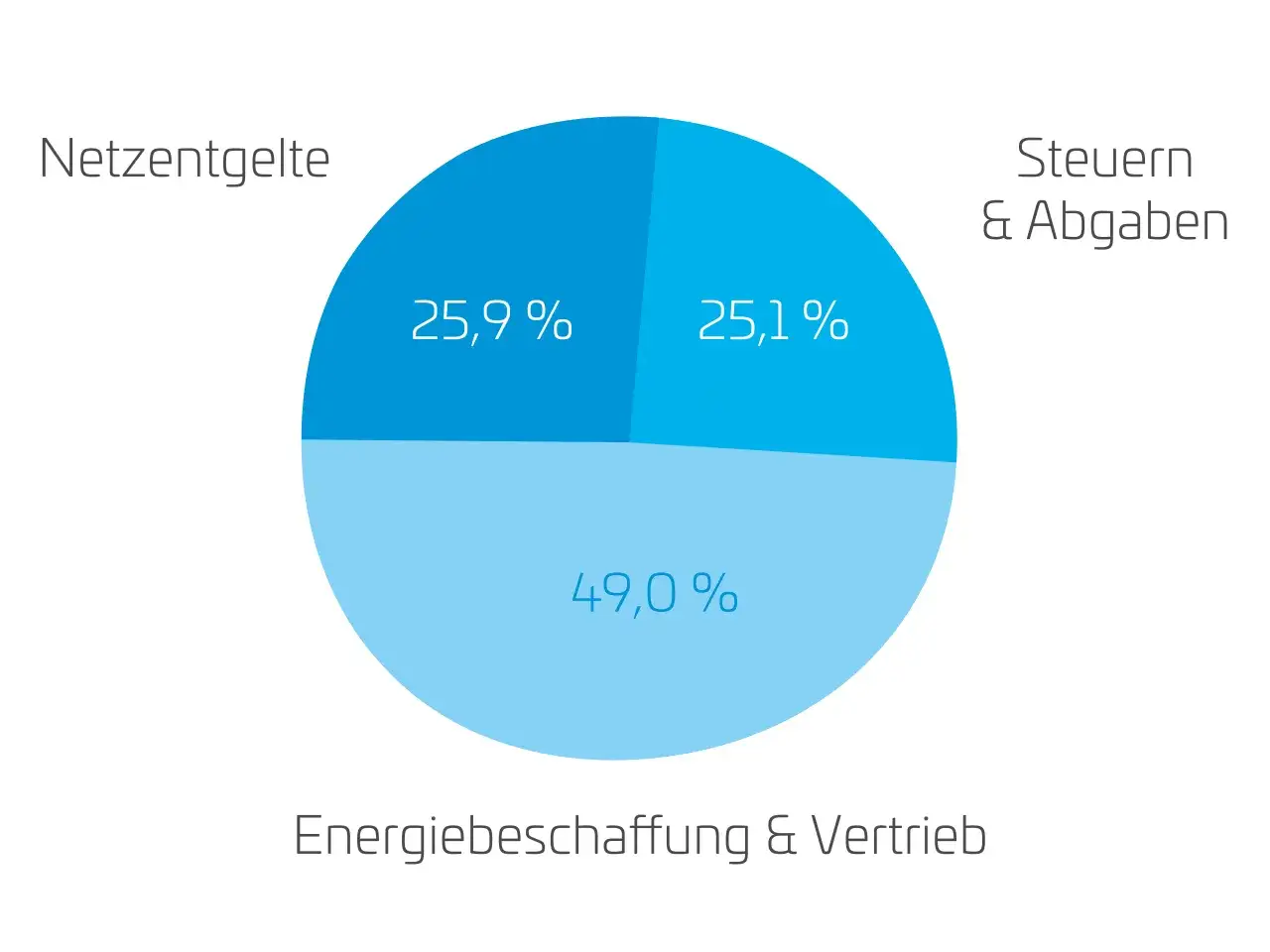 Kreisdiagramm zeigt Kosten: Netz­ent­gelte (25,9%), Steuern & Abgaben (25,1%), Energie­beschaffung & Vertrieb (49,0%). Eine Senkung der Stromsteuer ist möglich.