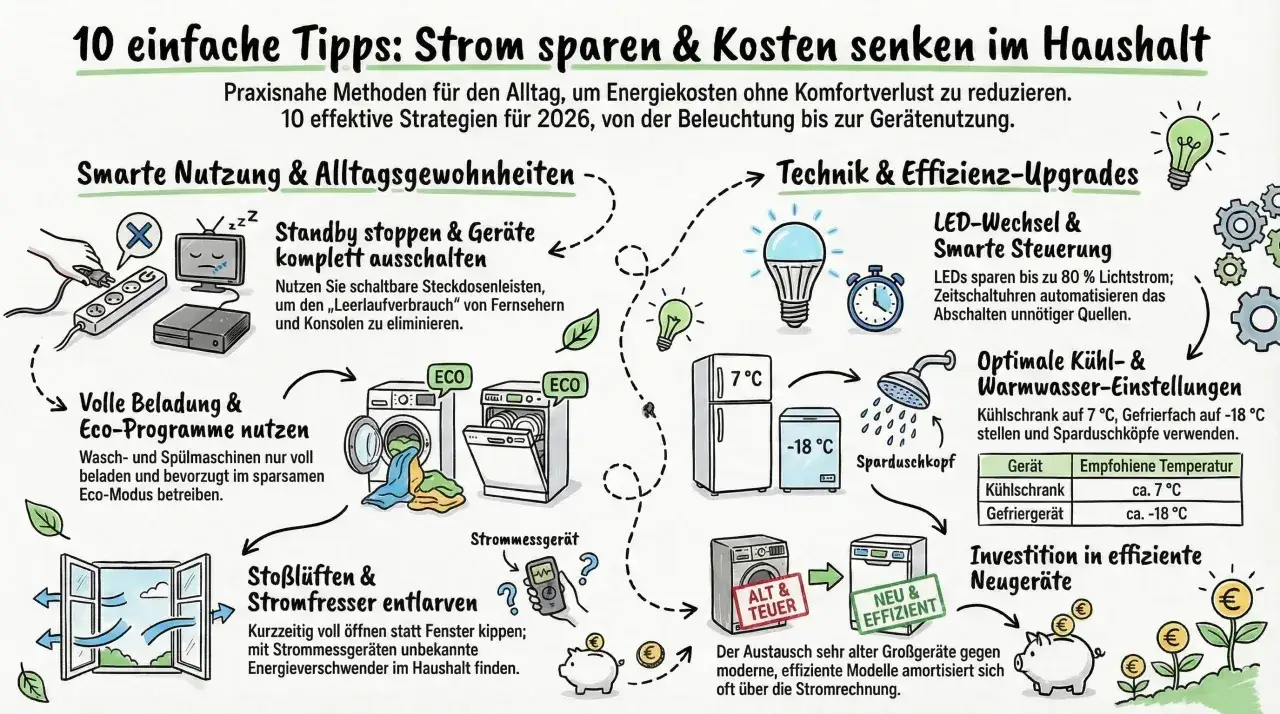 Tipps zum Stromsparen im Haushalt: Standby ausschalten, Eco-Programme nutzen, LEDs einsetzen, Geräte optimieren. So senken Sie Ihre Energiekosten.