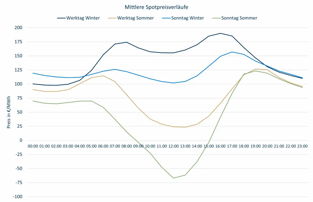 Diagramm zeigt den durchschnittlichen Stromverbrauch Tagesverlauf für Werktage und Sonntage im Winter und Sommer.