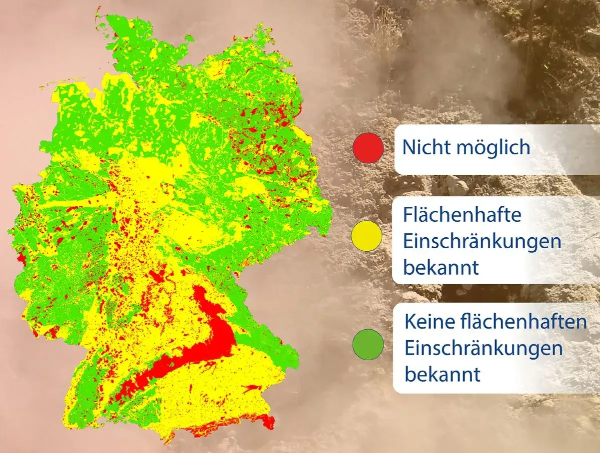 Karte von Deutschland zeigt Potenzial für Geothermie: Rot (nicht möglich), Gelb (Einschränkungen), Grün (keine Einschränkungen).