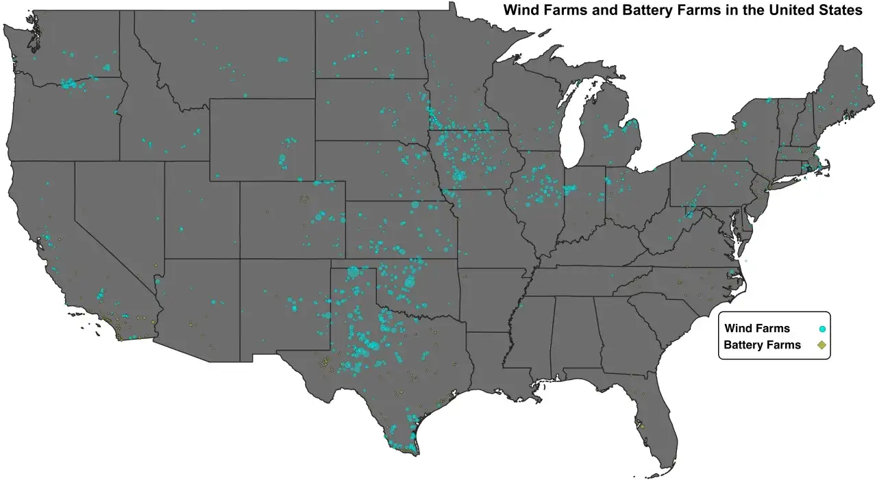 Karte zeigt die Verteilung von Windkraft- und Batteriespeicherkraftwerken in den USA. Blaue Kreise markieren Windparks, gelbe Rauten Batteriespeicher.