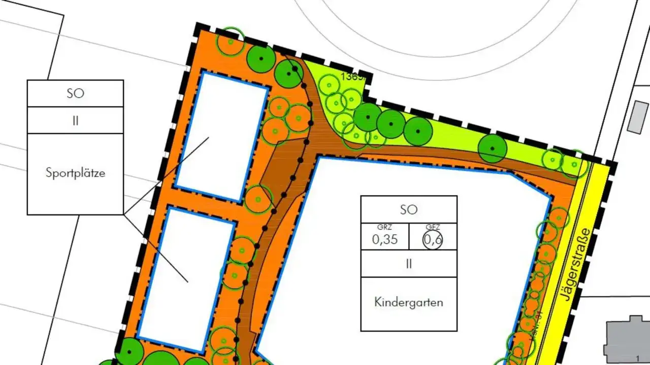Grundriss mit Sportpl&auml;tzen und Kindergarten. Die 11 Baunvo-Fl&auml;chen sind gr&uuml;n und orange markiert, mit B&auml;umen und Wegen.