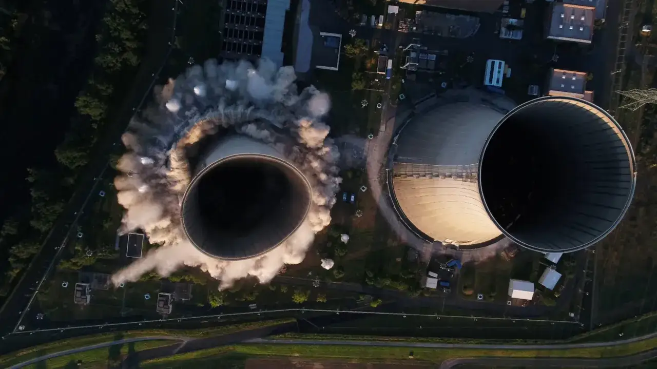 Luftaufnahme eines Kühlturms, aus dem Rauch aufsteigt. Ein weiteres, größeres Bauwerk daneben. Die Szene zeigt die Auswirkungen eines Atomkraftwerks auf die Umwelt.