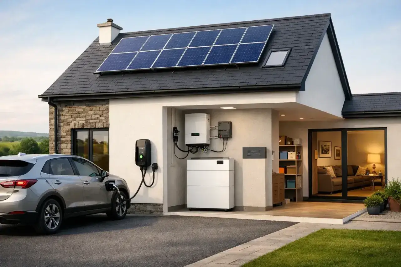 Haus mit Solaranlage auf dem Dach, Ladestation für E-Auto und Batteriespeicher. Perfekt für den eeg eigenverbrauch.