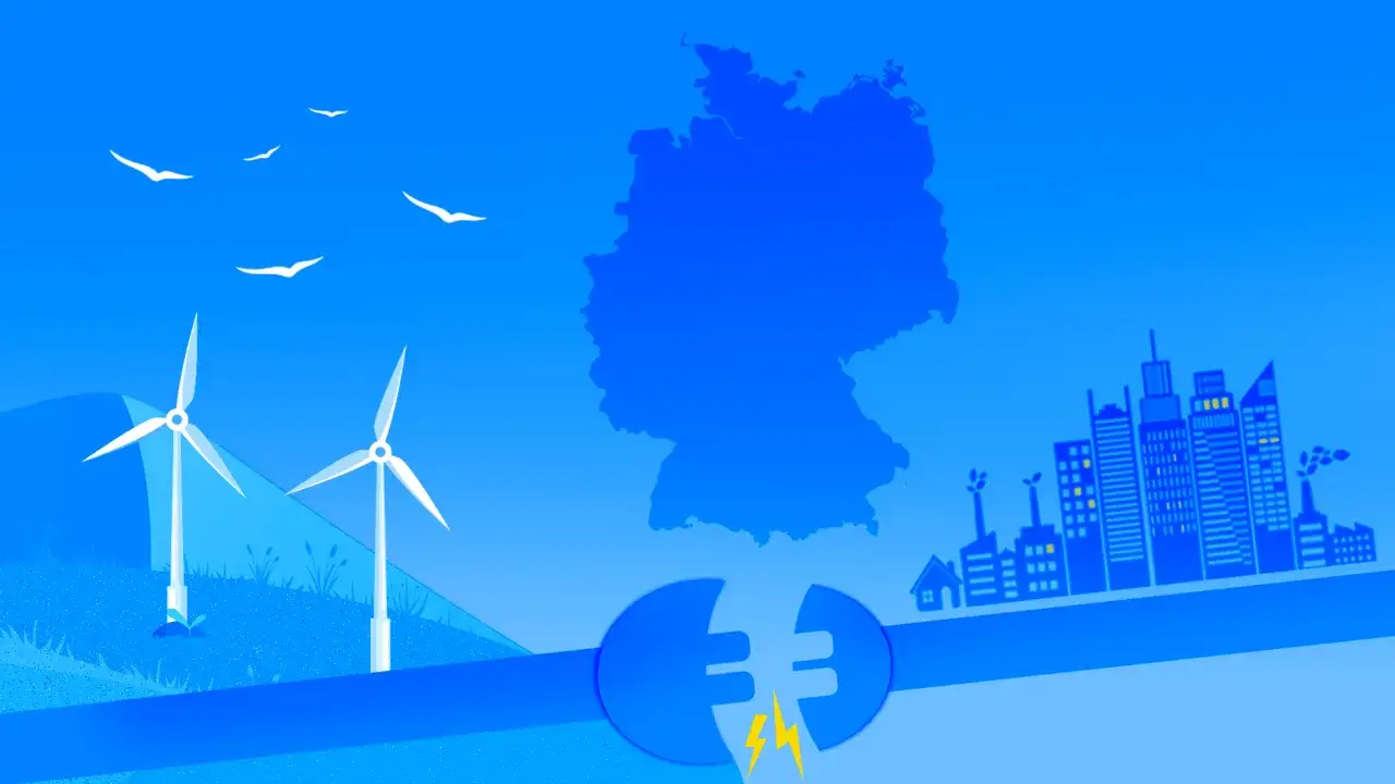 Deutschland klimaneutral: Windräder, Stadt und ein zerbrochenes Euro-Symbol mit Blitz symbolisieren den Weg zur grünen Energie.