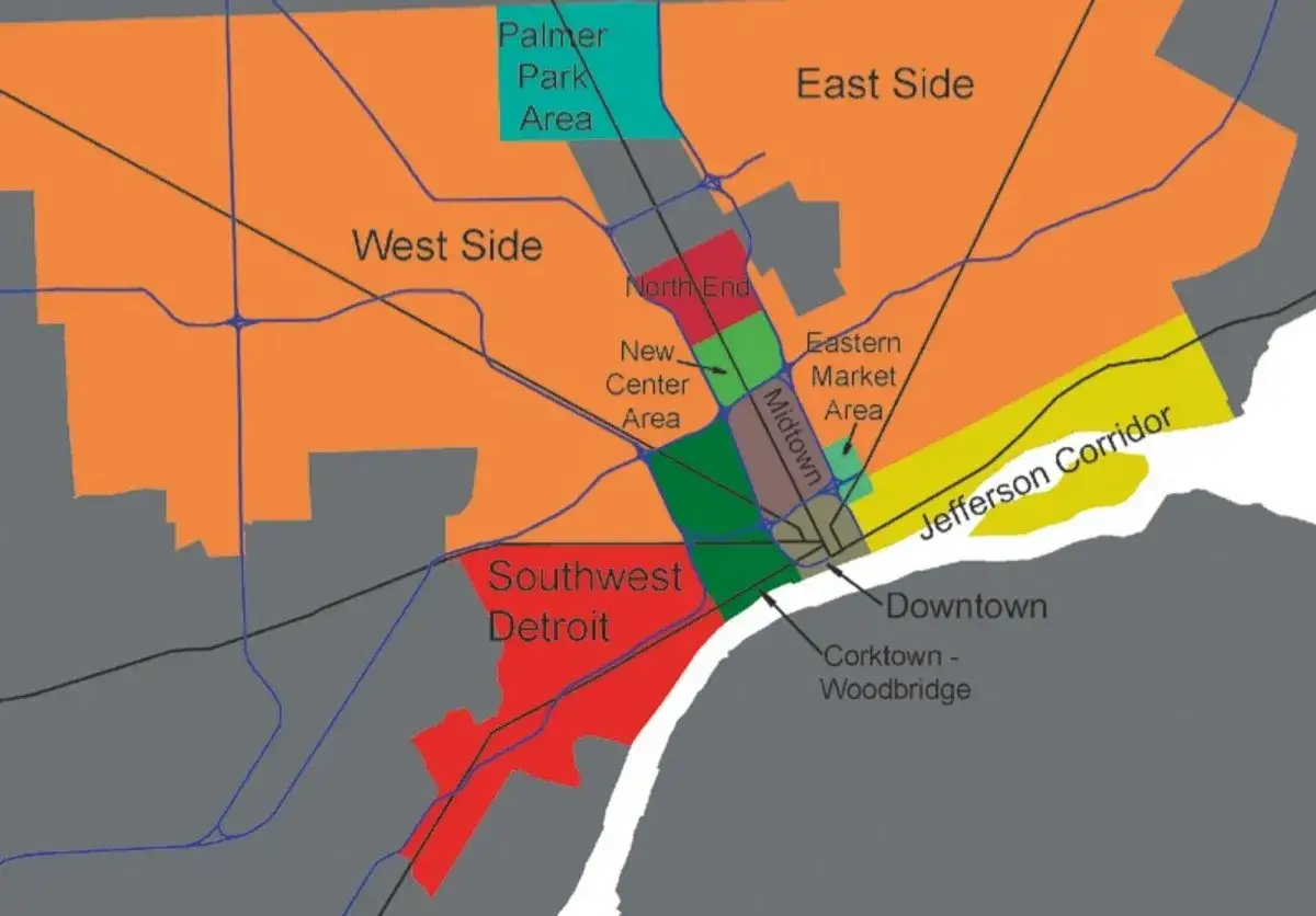 Karte zeigt Stadtteile Detroits, die für die Detroit Stadtentwicklung wichtig sind: West Side, East Side, Southwest Detroit, Midtown, Downtown und Jefferson Corridor.
