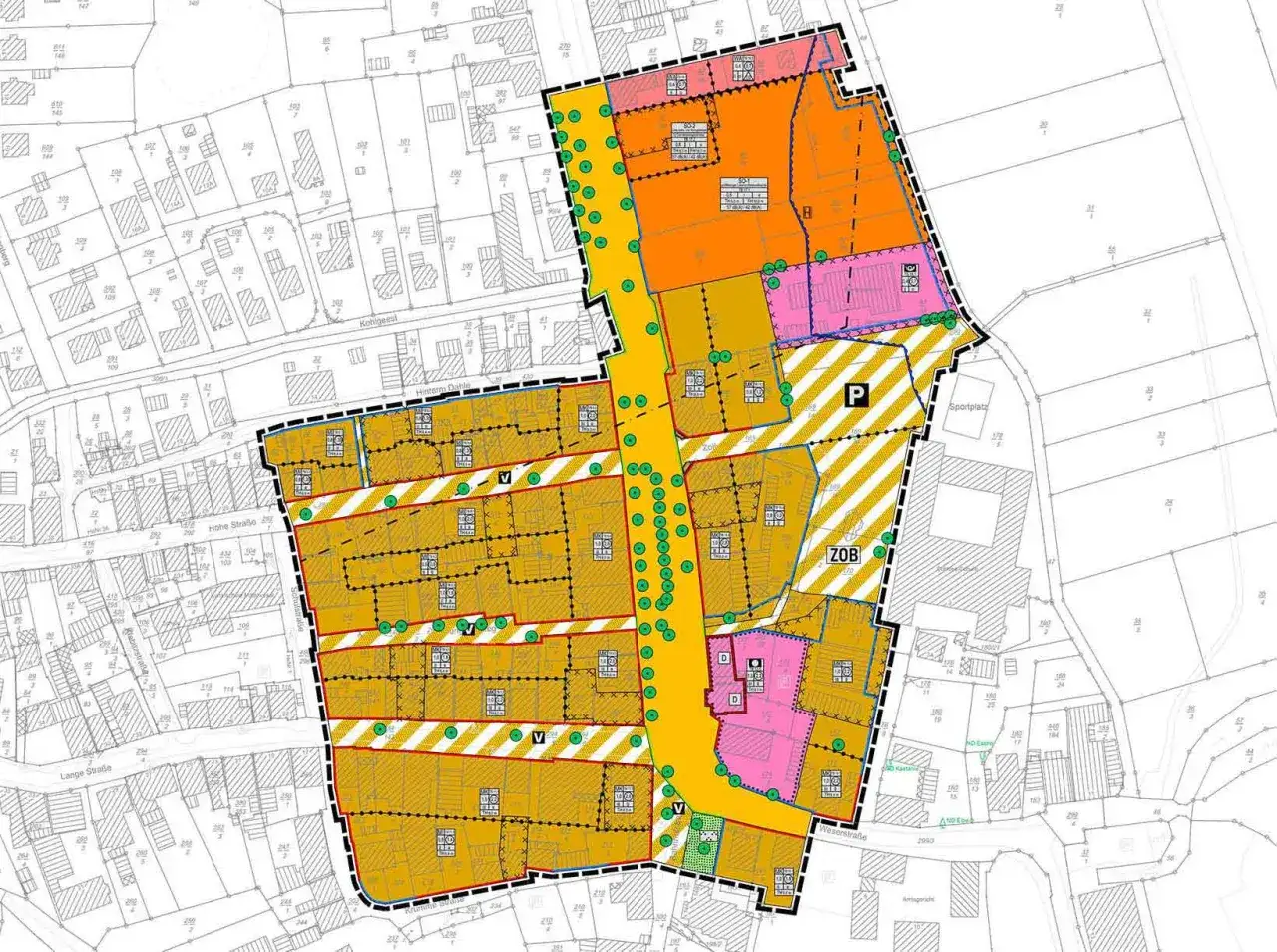 Plan zeigt einen sektoralen Bebauungsplan mit farblich markierten Zonen, Stra&szlig;en und Geb&auml;uden.
