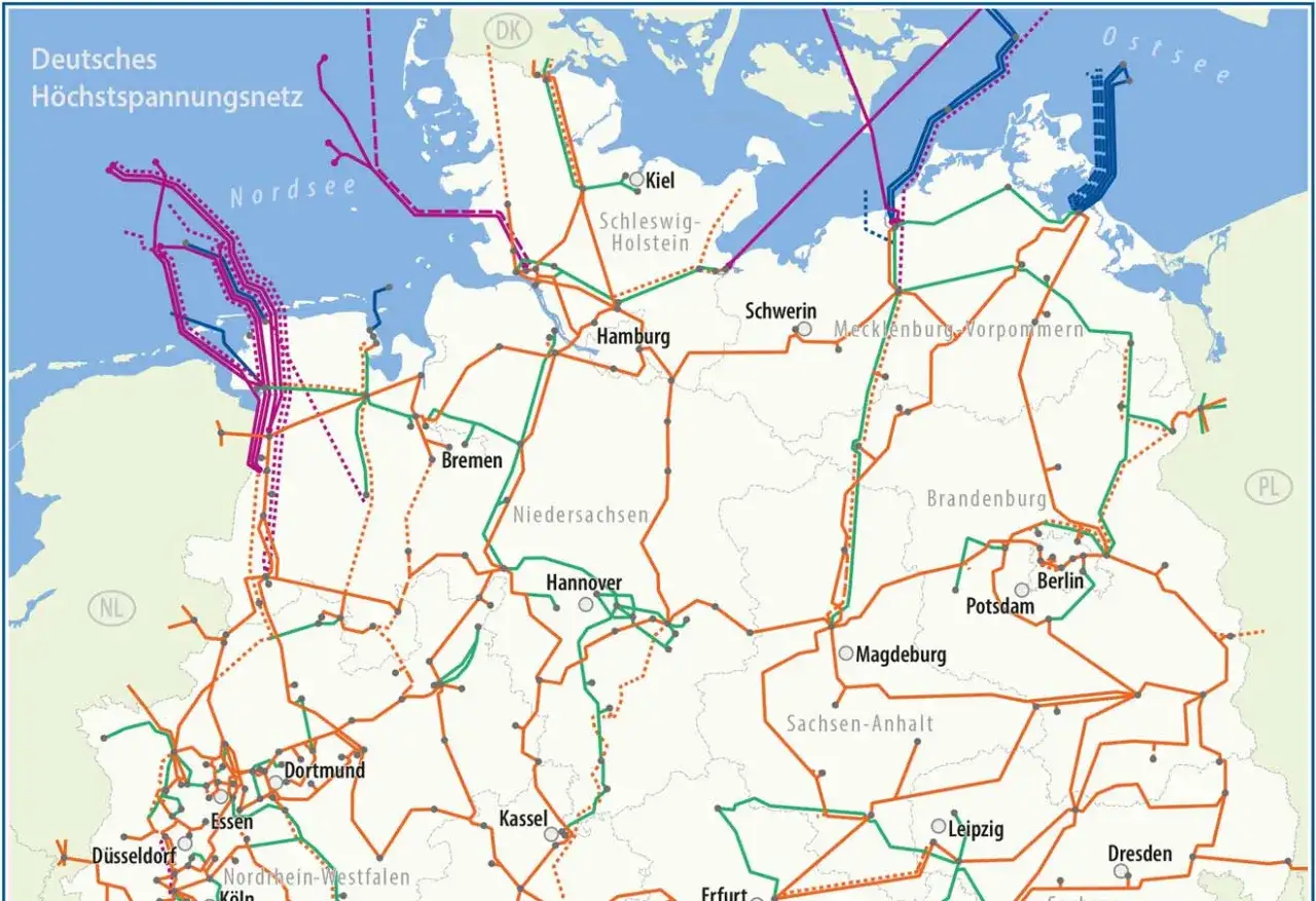 Karte des deutschen H&ouml;chstspannungsnetzes mit Leitungen in Orange, Gr&uuml;n und Lila. Verbindungen reichen bis nach D&auml;nemark und Polen, zeigen den europa strom.