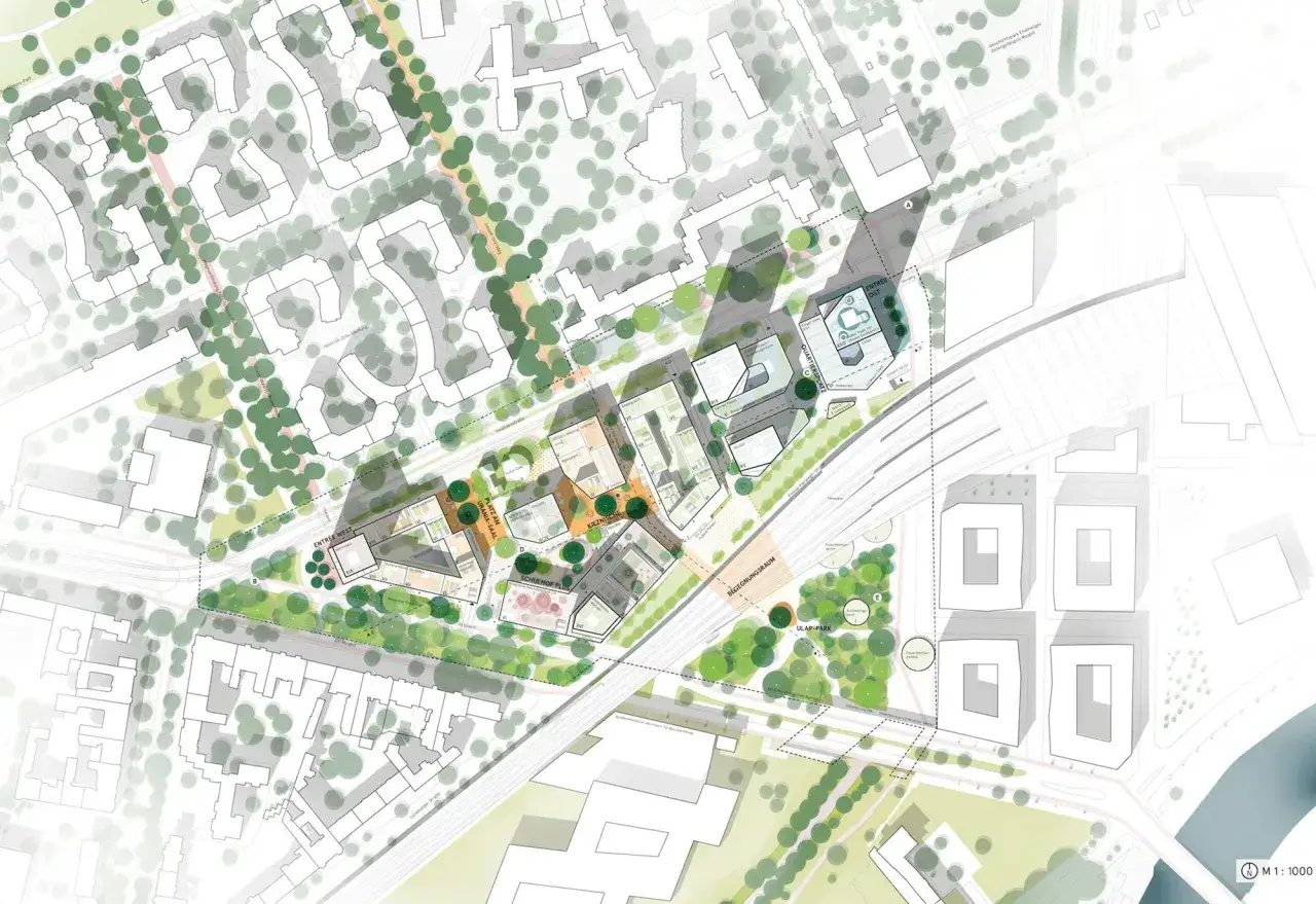 Architekturplan zeigt eine grüne, lebendige Stadt der kurzen Wege mit Wohngebäuden, Parks und öffentlichen Plätzen.