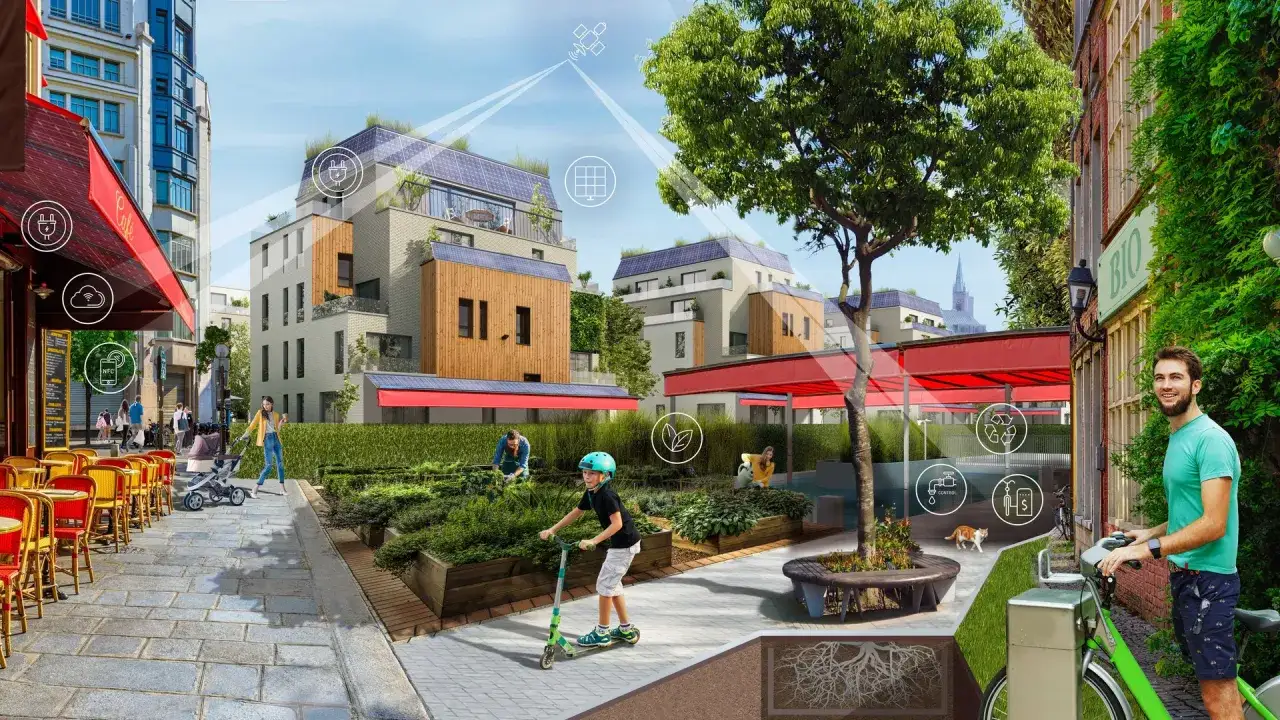 Eine gr&uuml;ne, vernetzte zukunfts stadt mit Solard&auml;chern, Gemeinschaftsg&auml;rten und smarten Technologien. Menschen genie&szlig;en das Leben im Freien.