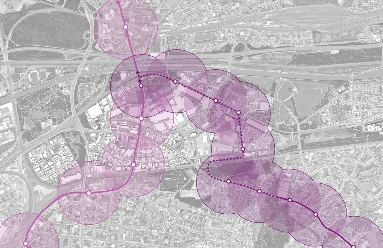 Stadtplan von Oberhausen mit lila Kreisen, die eine neue Verkehrsverbindung markieren. Dies visualisiert den Strukturwandel Oberhausen und zukünftige Entwicklungszonen.