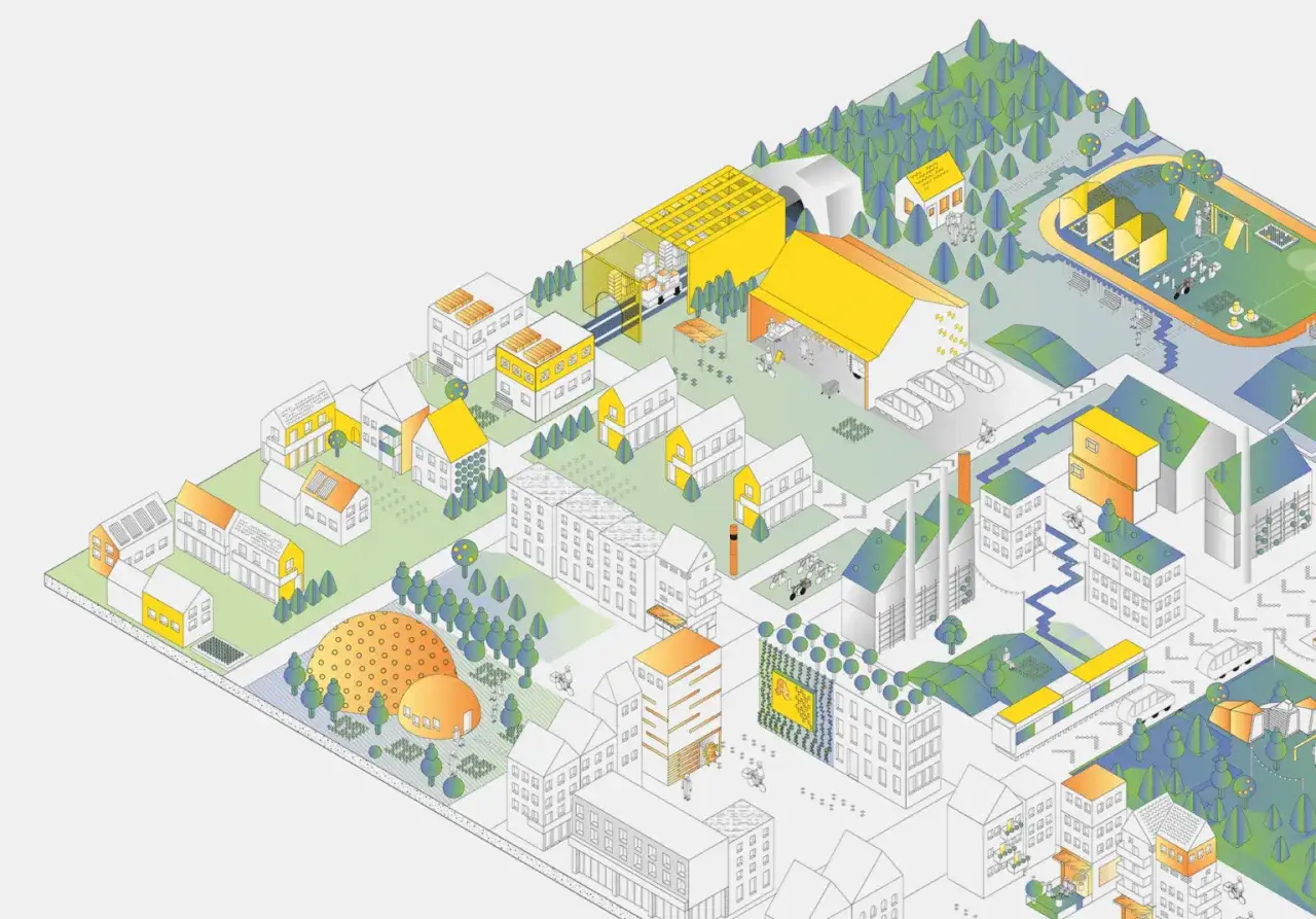 Illustrierte Stadtentwicklung in Deutschland: Wohngeb&auml;ude, Industrie, Parks und erneuerbare Energien.