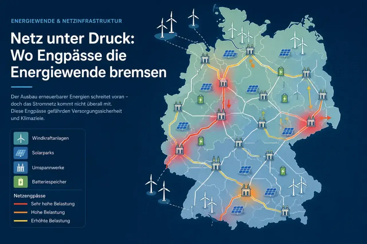 Karte Deutschlands zeigt Stromnetz mit Engpässen, die die Energiewende bremsen. Windkraft, Solarparks, Umspannwerke und Speicher sind abgebildet.