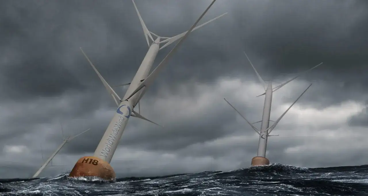Drei futuristische Windturbinen trotzen stürmischer See. Diese schwimmenden Offshore-Windkraftanlagen sind bereit, saubere Energie zu erzeugen.
