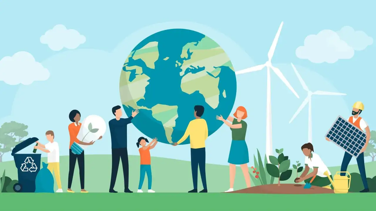 Menschen engagieren sich f&uuml;r den Klimaschutz: Sie halten die Erde, pflanzen B&auml;ume, nutzen erneuerbare Energien und recyceln.