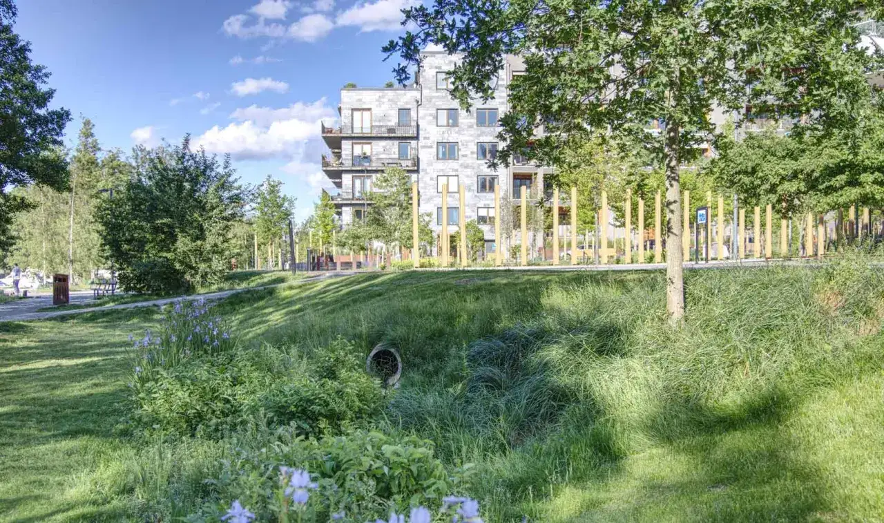 Grünes Gras und blaue Blumen säumen einen Entwässerungskanal. Im Hintergrund steht ein modernes Gebäude, Teil einer blauen Infrastruktur.