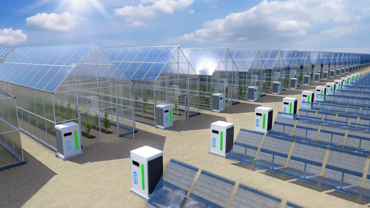 Reihe von Gewächshäusern mit organischen PV-Modulen auf den Dächern und Batteriestationen davor.
