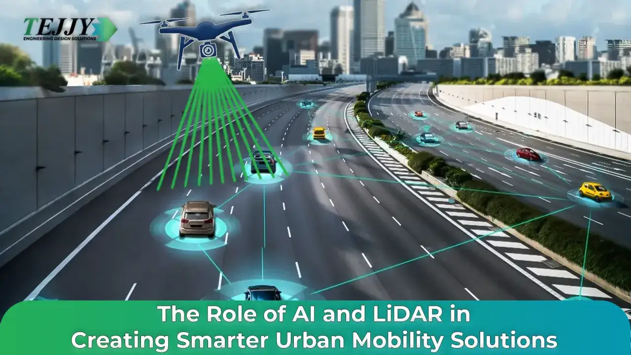 Drohne scannt vernetzte Autos auf einer Autobahn. KI und LiDAR sind Schlüssel für was sind smart cities und intelligente Mobilität.