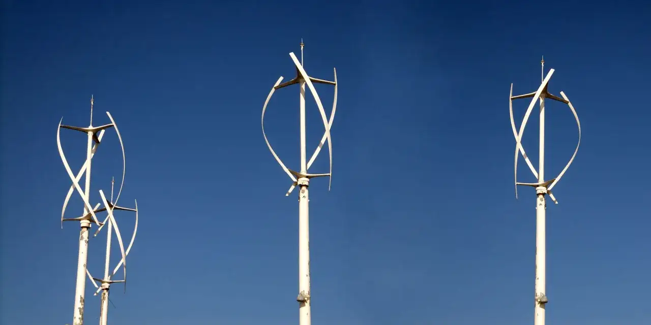 Drei wei&szlig;e Windr&auml;der mit vertikalen Rotorbl&auml;ttern vor blauem Himmel. Verschiedene Windrad Typen im Einsatz.