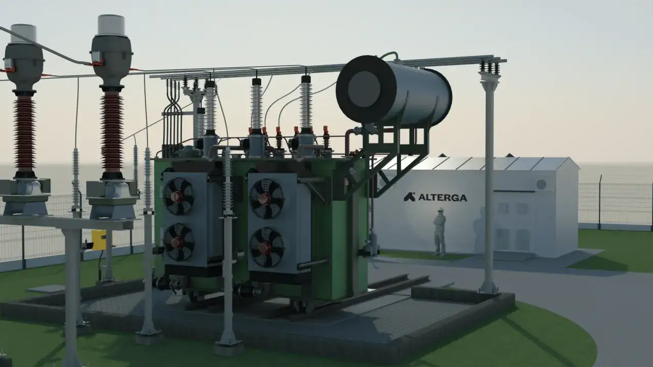 Ein Umspannwerk für die Einspeisung von Windenergie ins Stromnetz. Transformatoren und Schaltanlagen sind bereit, saubere Energie zu verteilen.