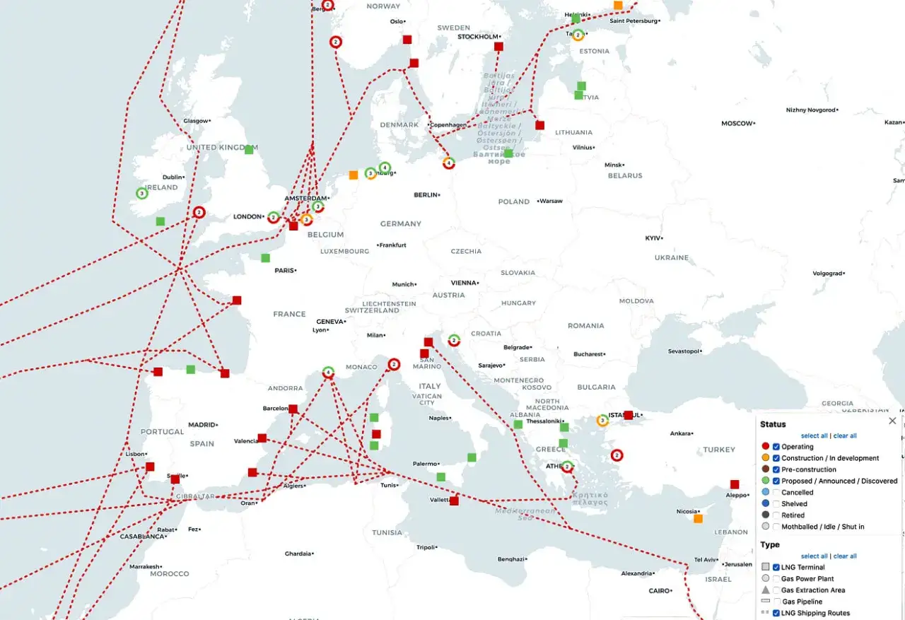 Das Gasnetz Europa zeigt geplante und bestehende Pipelines, LNG-Terminals und Gasfördergebiete auf dem Kontinent.
