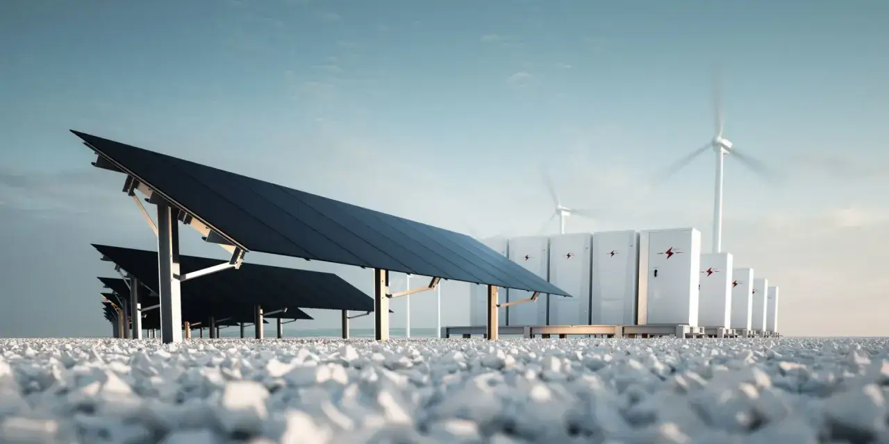 Reihen von Solarmodulen und Windturbinen im Hintergrund symbolisieren die Zukunft der elektrische energieerzeugung. Daneben stehen weiße Speicherbatterien.